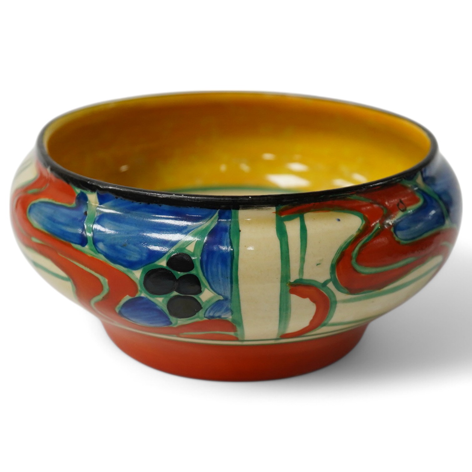 A small Clarice Cliff 'Fantasque' bowl, top rim 11cm diameter. Condition - minor chips to enamelling.